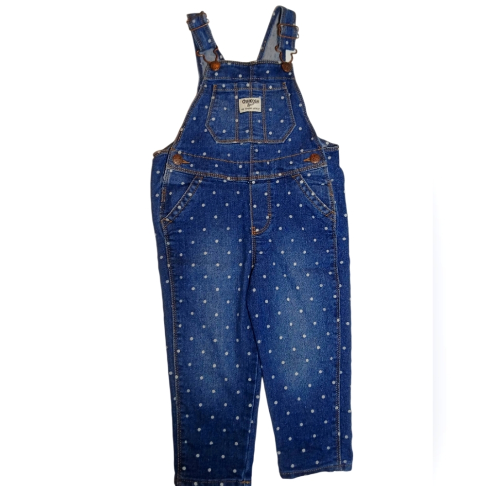 OshKosh Blue Polka Dot Denim Overalls Size 2T GIrls Vestbak